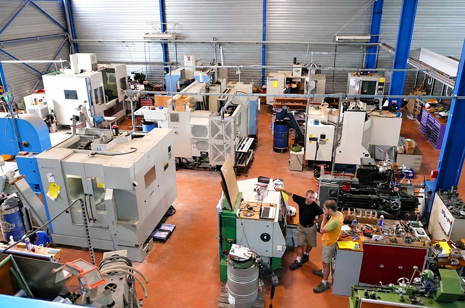 Vue en hauteur d'un atelier d'usinage équipé de nombreuses machines-outils à commande numérique, où deux hommes discutent près d'un tour.