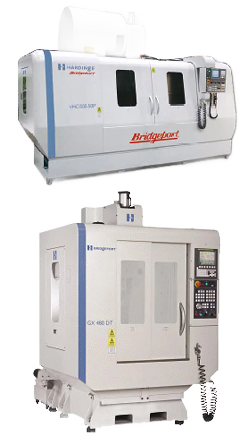 Deux machines-outils CNC blanches de marque Hardinge Bridgeport, avec bandeau bleu et pupitre de commande, présentées l'une au-dessus de l'autre sur fond blanc.