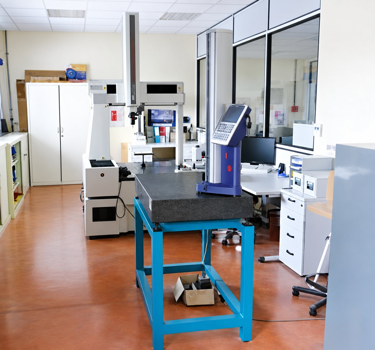 Une salle de contrôle qualité lumineuse avec une machine à mesurer tridimensionnelle posée sur une table de granit à pieds bleus, entourée d'armoires et de postes de travail.